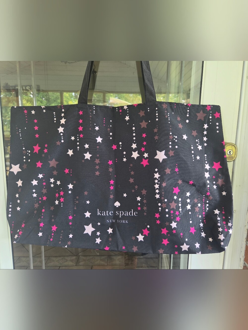 kate spade Large Black Canvas Tote with Pink & White Star Cascade. NWOT